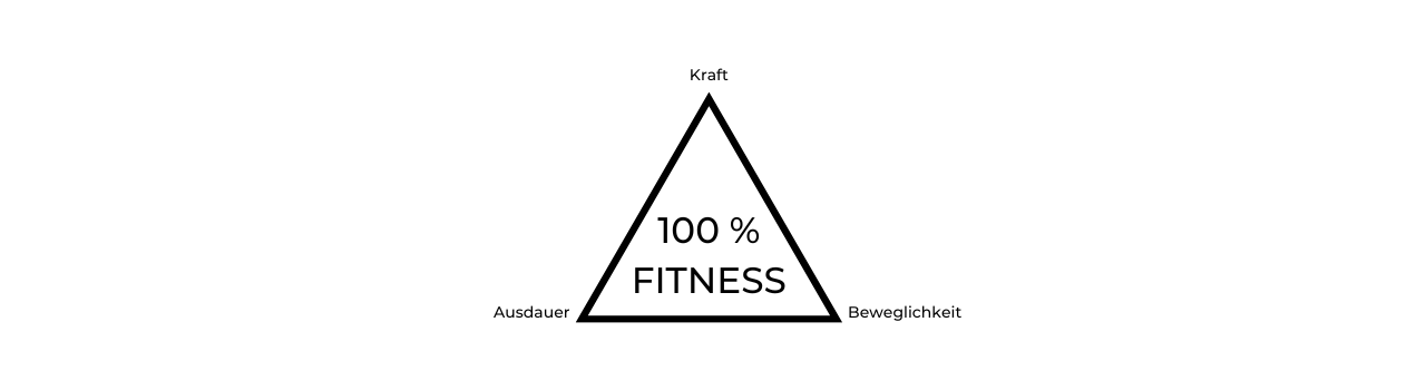 Grafische Darstellung, in der Mitte ein dreiech und an jeder der Spitzen ein Wort: Kraft, Ausdauer und Beweglichkeit. In der Mitte des Dreiecks die Beschriftung 100% Fitness